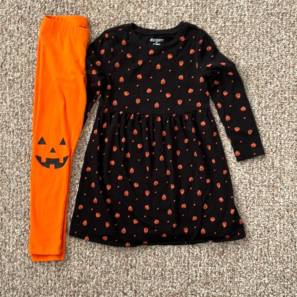 Cat & Jack orange pants with pumpkin detail and Old Navy pumpkin patterned dress